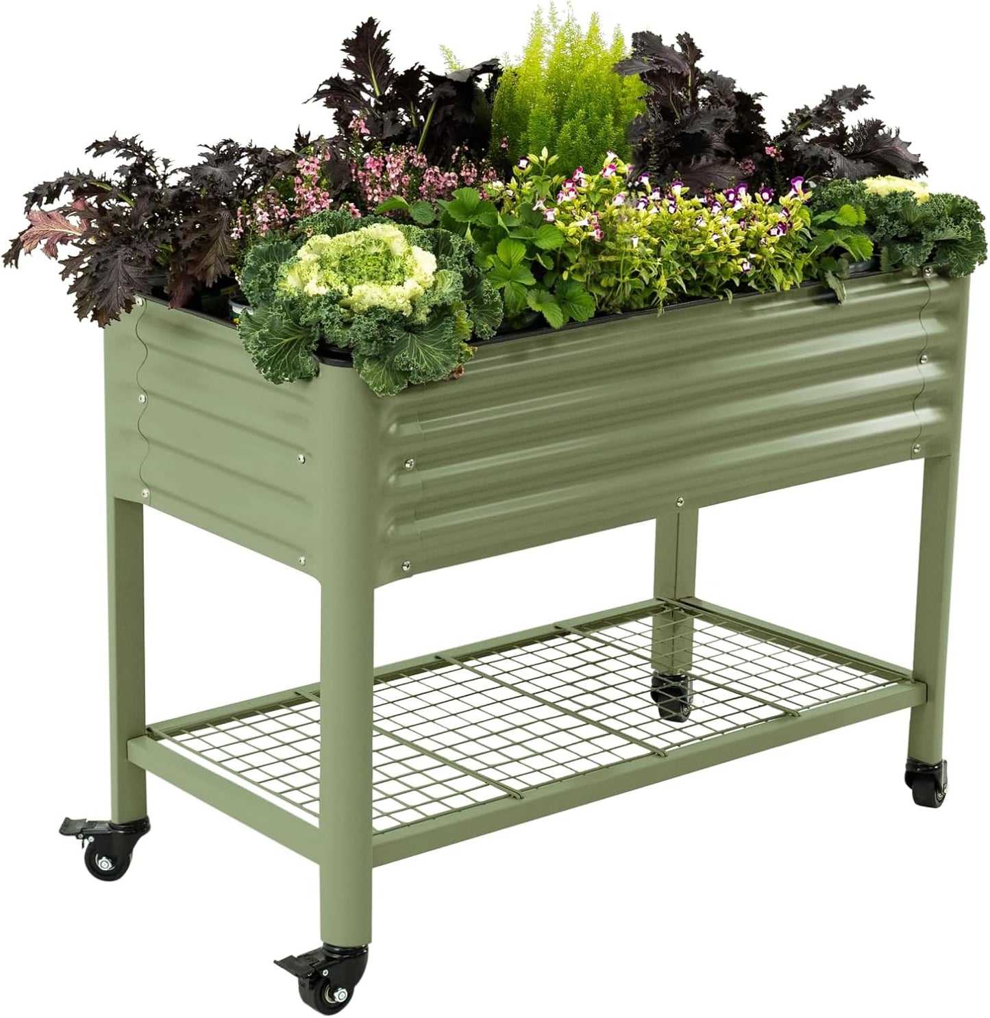 Rolling Elevated Raised Garden Bed-V Series, 2' x 4' Garden Beds with Legs & Storage Rack for Patio & Porch, 700 Lbs Weight Capacity, Outdoor Planter Box for Vegetables Flower Herbs, Olive Green