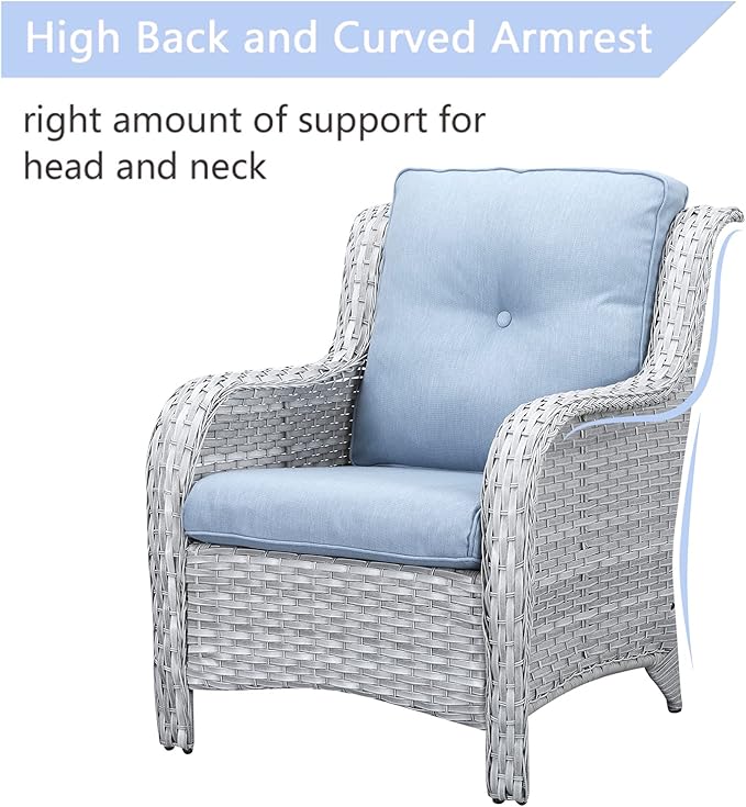 Rilyson Outdoor Patio Chairs Wicker Chair - 2PC Rattan Chairs Set with High Back and Deep Seating for Deck Porch Outside Garden(Light Grey/Sky Blue)