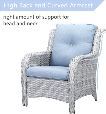 Rilyson Outdoor Patio Chairs Wicker Chair - 2PC Rattan Chairs Set with High Back and Deep Seating for Deck Porch Outside Garden(Light Grey/Sky Blue)