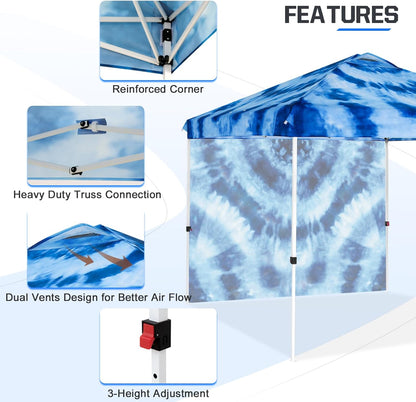 EAGLE PEAK Pop Up Canopy Tent with 1 Sidewall, Easy Setup Event Tent, Outdoor Sun Shade, Wheeled Carry Bag, Stakes and Guy Ropes, Instant Canopy 10x10, Tie Dye Blue