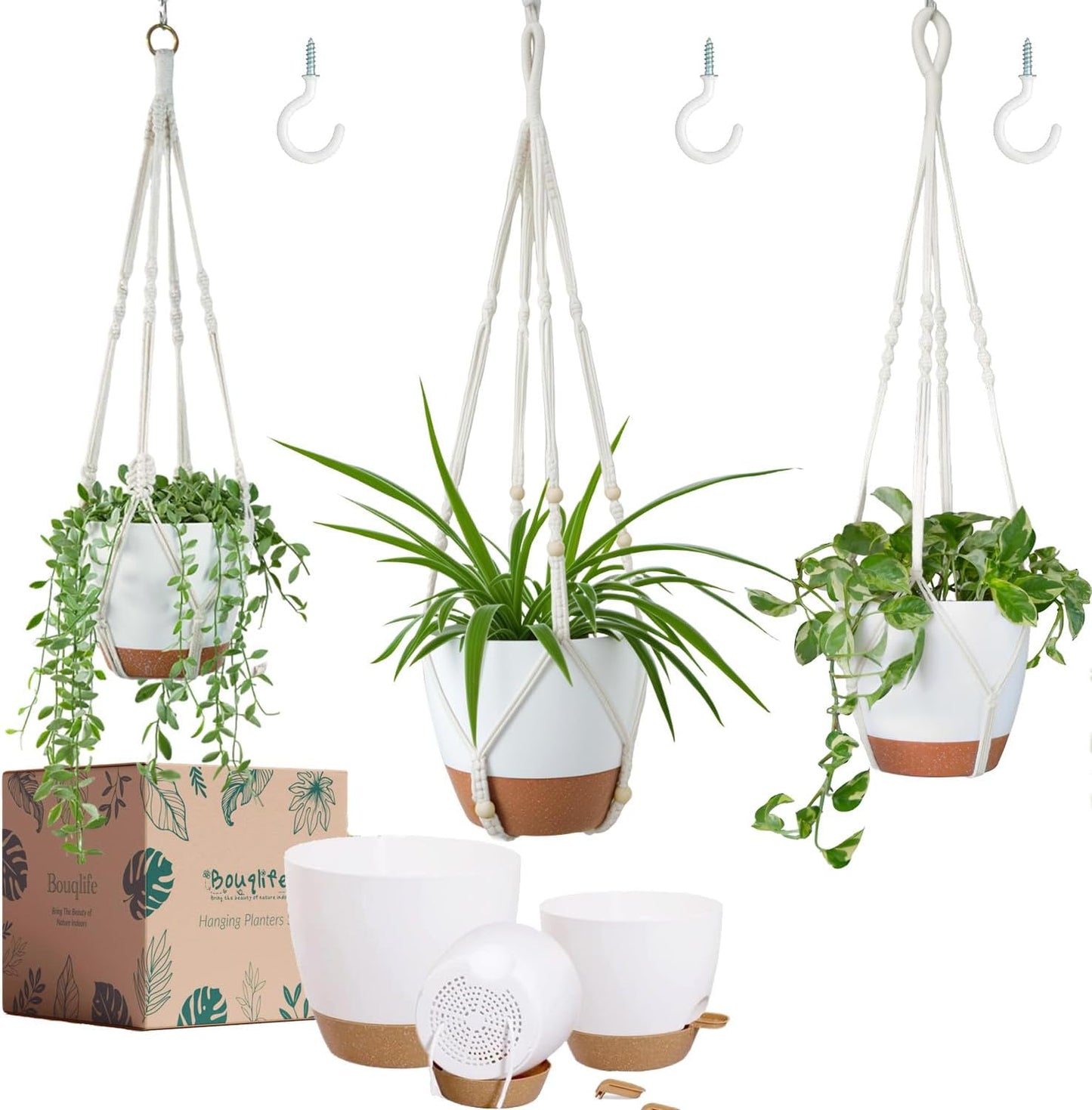 Set of 3 Hanging Planters for Indoor Plants with 10"/8"/7" Self-Watering Hanging Pots, Hanging Plant Pots with Drainage, 3 Different Size Macrame Plant Hangers with Hooks White Large