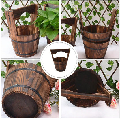 HANABASS Wooden Bucket Barrel Rustic Patio Pots Water Wishing Well Pail Vintage Style Primitive Planter Container for Garden Home Patio Backyard, 10.6x9.0 inch