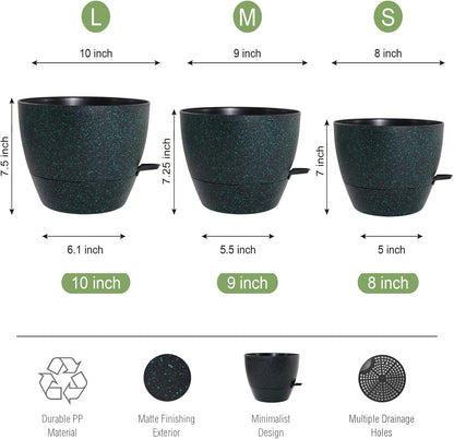 10/9/8 inch Self Watering Pots, Set of 3 Plastic Planters with Mesh Drainage Holes and Deep Reservoir for Indoor Outdoor Garden Plants and Flowers, Black with Green Speckles