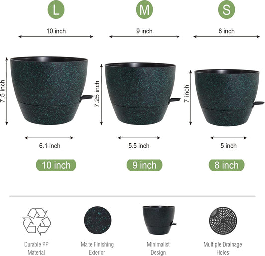 10/9/8 inch Self Watering Pots, Set of 3 Plastic Planters with Mesh Drainage Holes and Deep Reservoir for Indoor Outdoor Garden Plants and Flowers, Black with Green Speckles