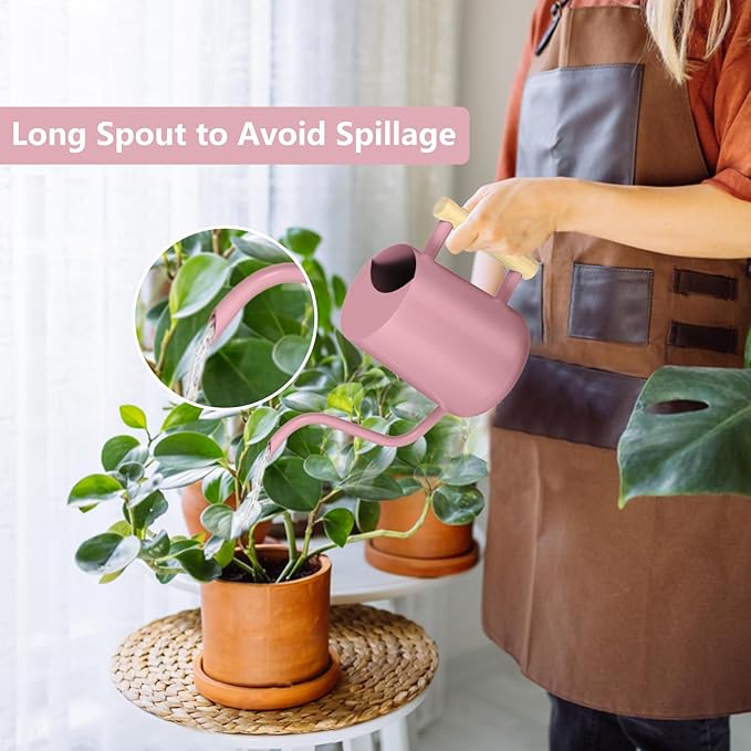 Watering Can Indoor Plants, 35oz Small Indoor Stainless Steel Metal Watering Can Modern Decorative Watering Pot with Long Spout for Indoor House Plant Bonsai Garden Flowers (Pink)