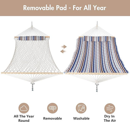 ANOW Outdoor Double Rope Hammock with Pad, Portable Hammock for Patio, Backyard, Beach, 450 LBS Weight Capacity, Blue Seaside