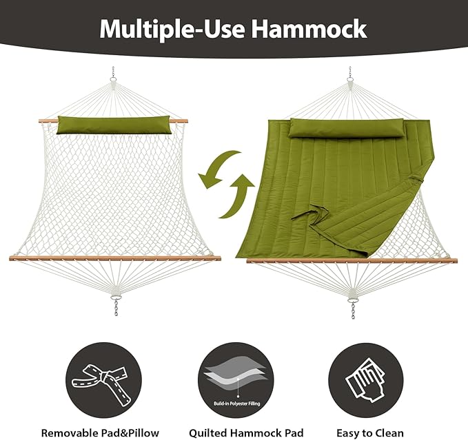 Outdoor Double Hammock with Hardwood Spreader Bars, Large Rope Hammock with Polyester Pad and Pillow, 475 LBS Capacity for 2 Person Patio Backyard Poolside - Green