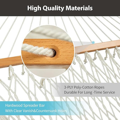 Outdoor Double Hammock with Hardwood Spreader Bars, Large Rope Hammock with Polyester Pad and Pillow, 475 LBS Capacity for 2 Person Patio Backyard Poolside - Bule Stripe