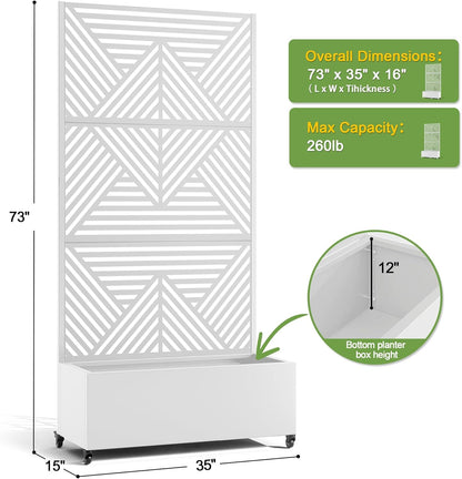 FENCY Metal Raised Garden Bed with Wheels and Trellis,73"x35"x16" Planter Box for Climbing Plants, Vegetables & Vines, Features Privacy Screen and Drainage Holes (White-Modern)