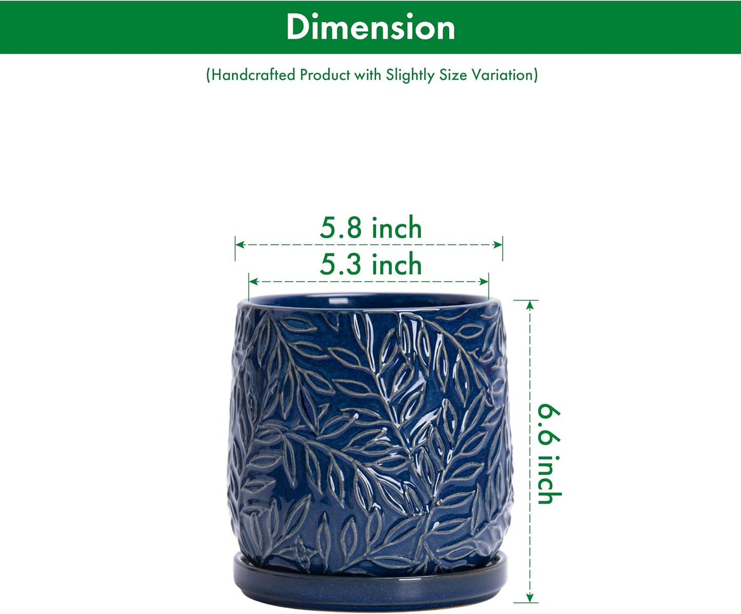 D'vine Dev 6 Inch Embossed Leaves Stoneware Planter Pot with Drainage Hole and Saucer, Midnight Blue, 27-A-X-3