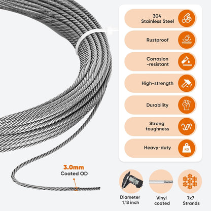 250FT 1/8" Stainless Steel Cable with Wire Rope Crimping Tool and Cable Cutter, 1760 lbs Breaking Strength, 7x7 Strands Aircraft Cable for Deck Railing, Porch Fence, String Light