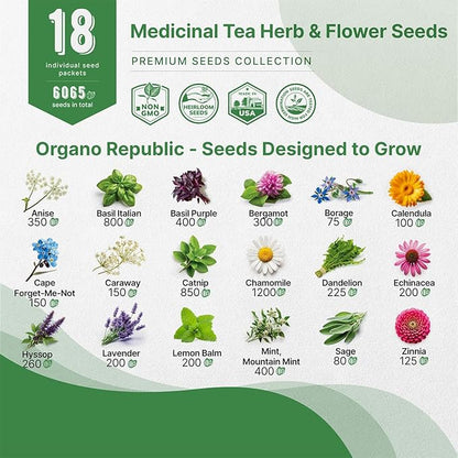 18 Medicinal Tea Herb & Flower Seeds Variety Pack - 6,100+ Non-GMO Heirloom Flower Seeds for Outdoor and Indoor Home Gardening, Including Anise, Borage, Catnip, Chamomile, Dandelion, Lavender, Sage