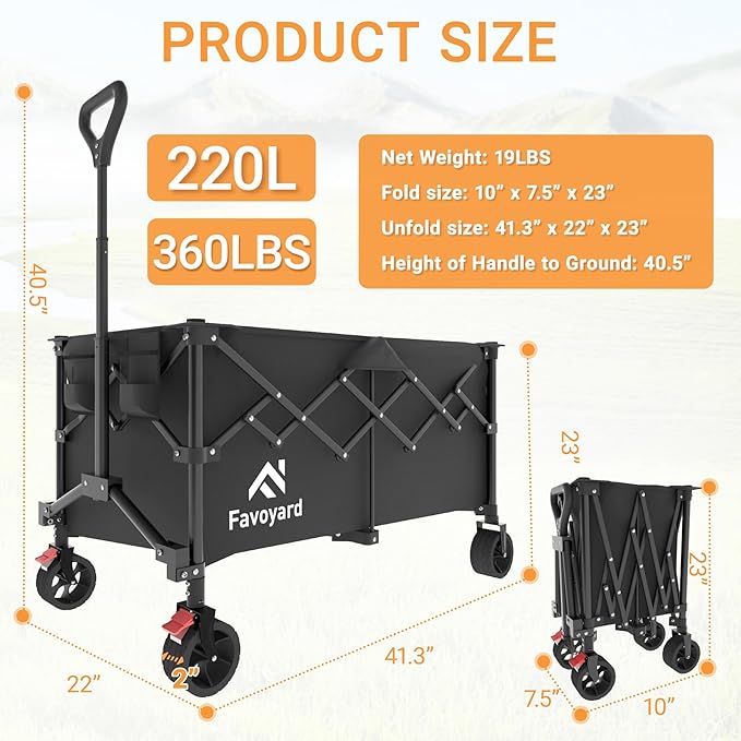 Favoyard Extra Large Collapsible Wagon Carts Foldable 360LBS Heavy Duty Beach Wagons with Big Wheels & Brakes Portable Folding Cart for Shopping Grocery Utility Sports Garden Camping Outdoor, Black