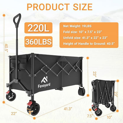 Favoyard Extra Large Collapsible Wagon Carts Foldable 360LBS Heavy Duty Beach Wagons with Big Wheels & Brakes Portable Folding Cart for Shopping Grocery Utility Sports Garden Camping Outdoor, Black