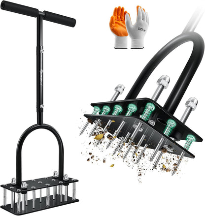 Lawn Aerator Tool, Manual Metal Spike Aerator Lawn Tool with Spring Base, Automatic Leaf and Dirt Cleaning, Grass Aerator for Lawn Care, Soil Loosening, Yard Aerating, Garden Tool