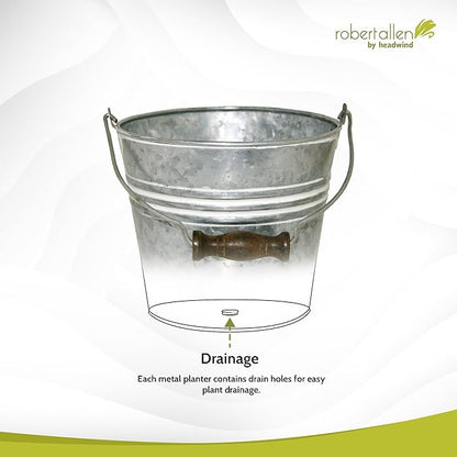 Headwind Vintage Collection - 6 Inch Galvanized w/White Wash Banded Planter with Handles – Galvanized Bucket Planter - Decorative Small Planters for Indoor Plants & Outdoor Use by Robert Allen