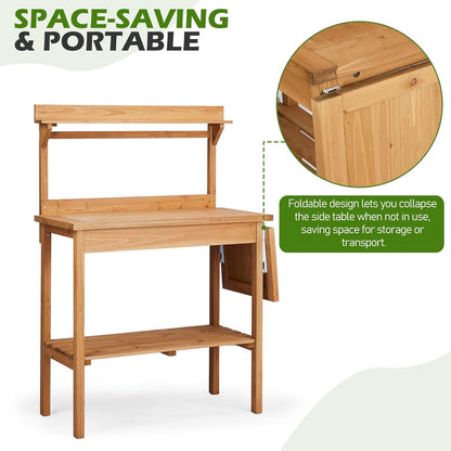 Outdoor Potting Bench Garden Work Station, Solid Wood Planting Table w/Sink Drawer Shelves,Metal Top, Folding Patio Furniture for Porch Balcony (45.3 x 17.9 x 51.2(Fir Wood Color))