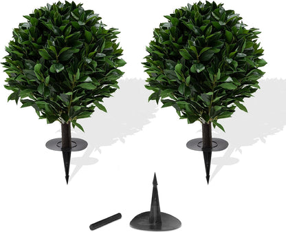 24" Outdoor Evergreens in Outdoor Artificial Shrub Potted Plant Plant for Indoor Porch of Home and Office 2 Pieces a Set Topiary Trees Faux Boxwood with Spike. Easy to Push in The Ground