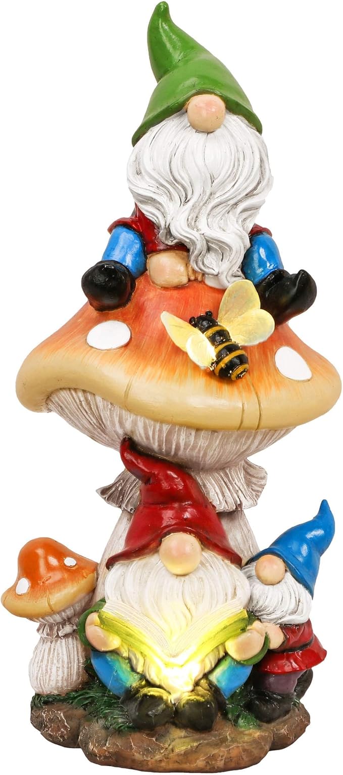 TERESA'S COLLECTIONS Garden Gnomes Statues Decorations for Yard with Solar Lights, Resin Gnome on Mushroom Reading Garden Decor Outdoor for Patio Lawn Ornaments,Ideal Gifts for Dad and Mom, 12.6"