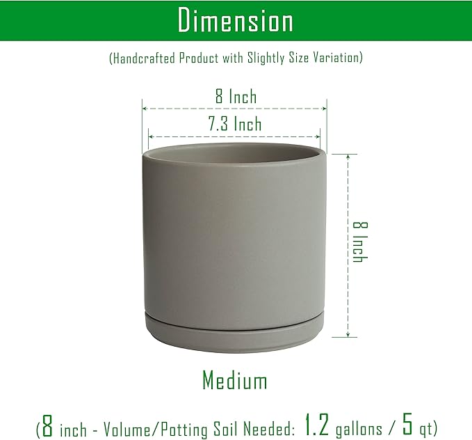 D'vine Dev 8 Inch Ceramic Planter Pot with Drainage Hole and Saucer, Indoor Cylinder Round Planter Pot, Grey, 94-O-D-3