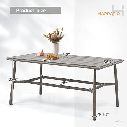 HAPPATIO Patio Table for 6, Large Modern Rectangle Outdoor Dining Table with Umbrella Hole and Adjustable Feet, All Weather Aluminum Patio Table for Garden, Backyard and Poolside, Grey
