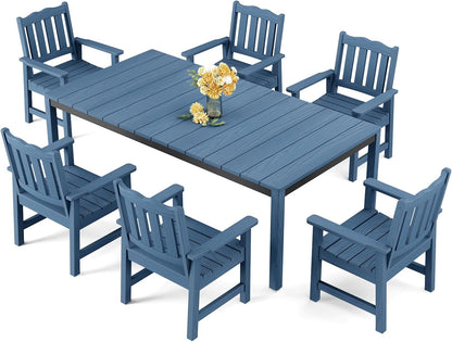 Stoog All-Weather Patio Dining Sets, 7 Pieces Waterproof Dining Table and Chairs Set, HIPS & Aluminum Dining Table with Umbrella Hole, Never Rot or Fade, for Garden, Backyard, Deck, Blue
