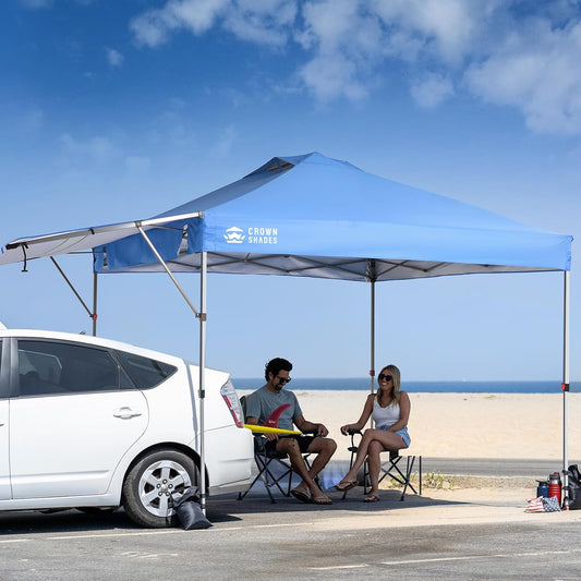 CROWN SHADES 10x10 Pop up Canopy Tent, Instant Commercial Canopy with Extend Awning, Patended Centerlock, 150D Silver Coated Fabric, 4 Ropes, 8 Stakes, 4 Weight Bags, STO 'N Go Bag, Blue