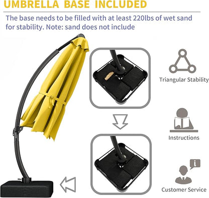 Kingdura 11ft Offset Cantilever Patio Umbrella with Base Included, Large Round Aluminum Outdoor Umbrella, 360° Rotation & Infinite Tilt, Heavy Duty Frame for Deck Pool Backyard, Yellow
