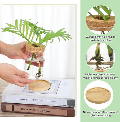 Layhit 4 Pcs Plants Propagation Stations vases Glass Planters with Wooden Lid and Bamboo Stand for Hydroponic Plants Gardening Gifts for Women Mom Home Office Tabletop Decoration(Wide Mouth Style)