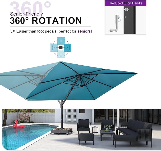 PURPLE LEAF 11' X 15' Rectangle Patio Umbrella Large Cantilever Outdoor Aluminum Offset Umbrella with 360-degree Rotation Umbrella for Garden Deck Backyard Pool Turquiose Blue