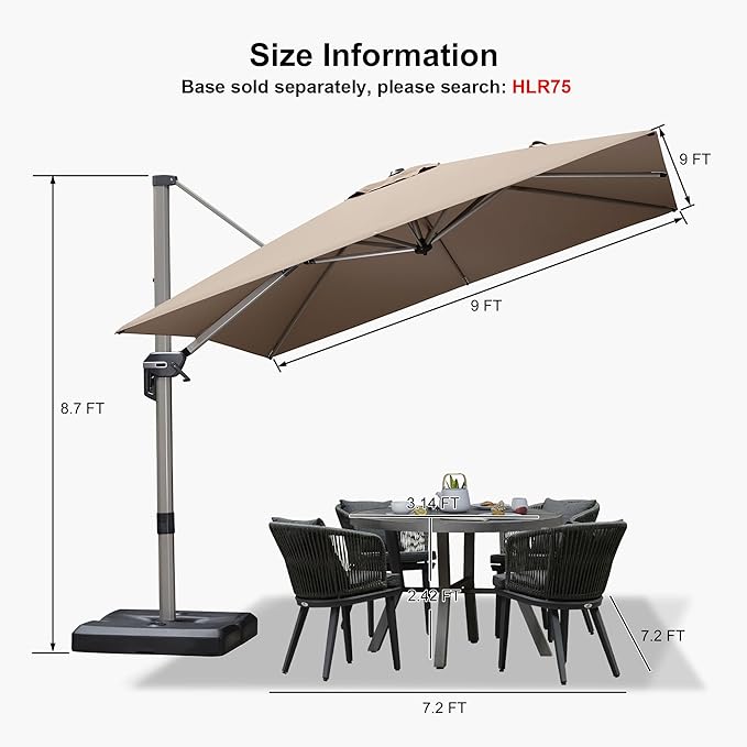 PURPLE LEAF 9' X 9' Patio Umbrella Outdoor Cantilever Umbrella, Aluminum Offset Umbrella with Champagne Frame and 360° Rotation for Pool Deck Garden, Taupe