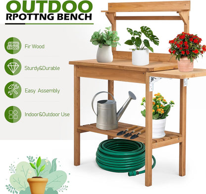 Outdoor Potting Bench Garden Work Station, Solid Wood Planting Table w/Sink Drawer Shelves,Metal Top, Folding Patio Furniture for Porch Balcony (45.3 x 17.9 x 51.2(Fir Wood Color))