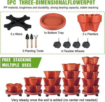 5 Tier Vertical Strawberry Planter-Tower Stackable Herb Planter Stacking Garden Planters Pot Outdoor With Tools Mover For Growing Flowers, Vegetables and Succulents