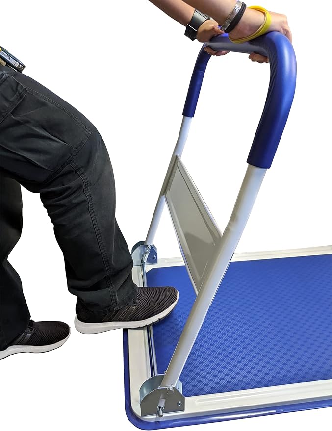 Heavy Duty Foldable Push Cart Dolly | 330 lbs. Capacity | Upgraded Collapsible Hand Truck Folding Platform with Swivel Wheels | Flat Bed Moving Wagon | Space Saving Push Handle (Blue)