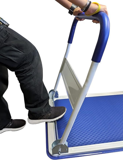 Heavy Duty Foldable Push Cart Dolly | 330 lbs. Capacity | Upgraded Collapsible Hand Truck Folding Platform with Swivel Wheels | Flat Bed Moving Wagon | Space Saving Push Handle (Blue)