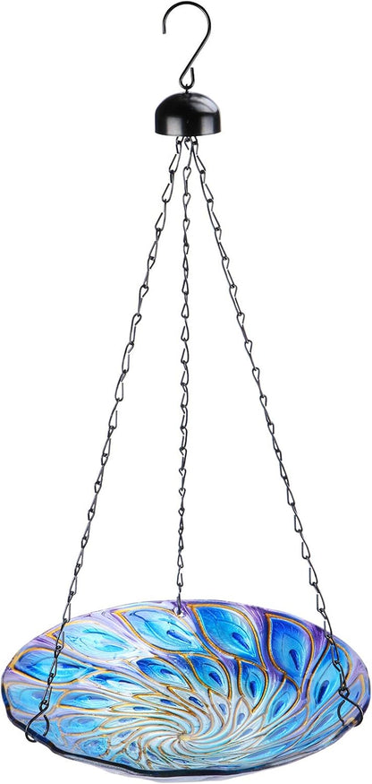 VCUTEKA Hanging Bird Baths Outdoor Glass Peacock Birdbath Birdfeeder for Garden Yard Decoration