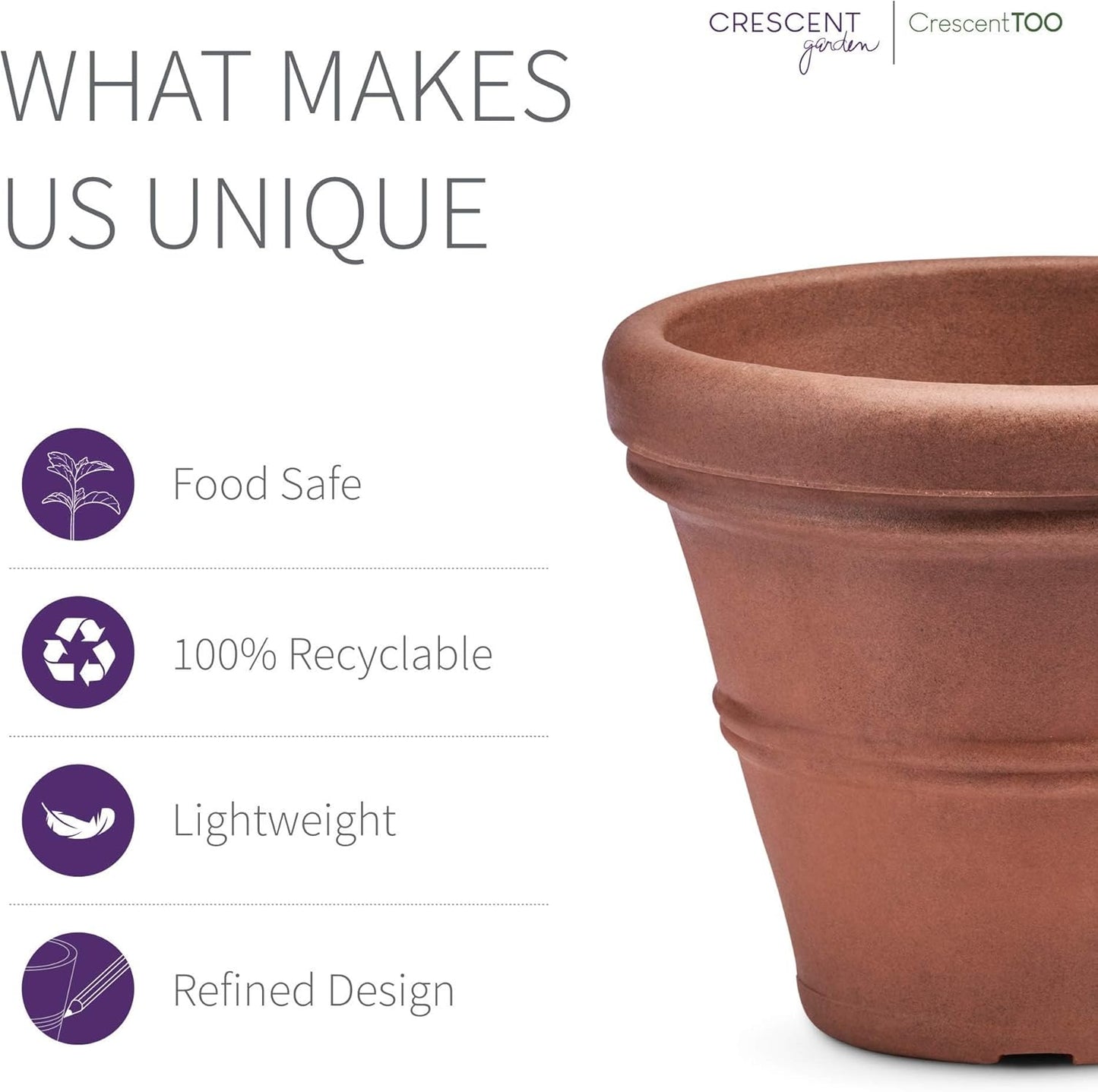 Crescent Garden Brunello Classic Rolled Rim Planter Pot, Indoor/Outdoor Weather-Safe Round Plant Pot, Small Plastic Houseplant Pot - 12'' W (Rust)