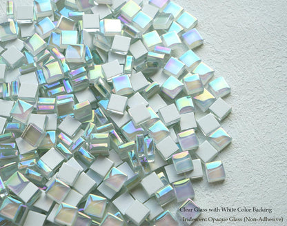 335pcs Crystal White Iridescent Mosaic Tiles, 0.4' Mini Square Glass Tiles for Mosaic Craft, 300G Smooth Edge Glass Pieces for Mosaic Making Supplies