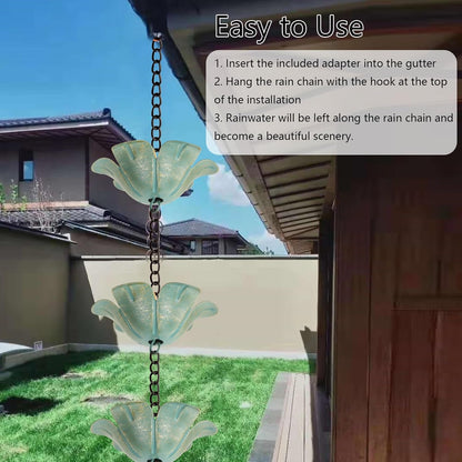 9FT Rain Chain Set with Adapter, Anti-Rust Rain Chain for Ouutside, 16 Flower Rain Chain for Gutter,Garden Decoration Rain Chain, for Family,Friends (Light Blue)