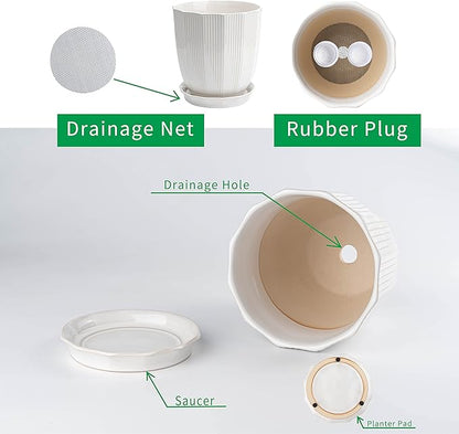 ADN 10 Inch Ceramic Planter Pot with Drainage Hole and Saucer,Large Round Plant pots for Indoor Outdoor Plants,Modern Flower pots, White