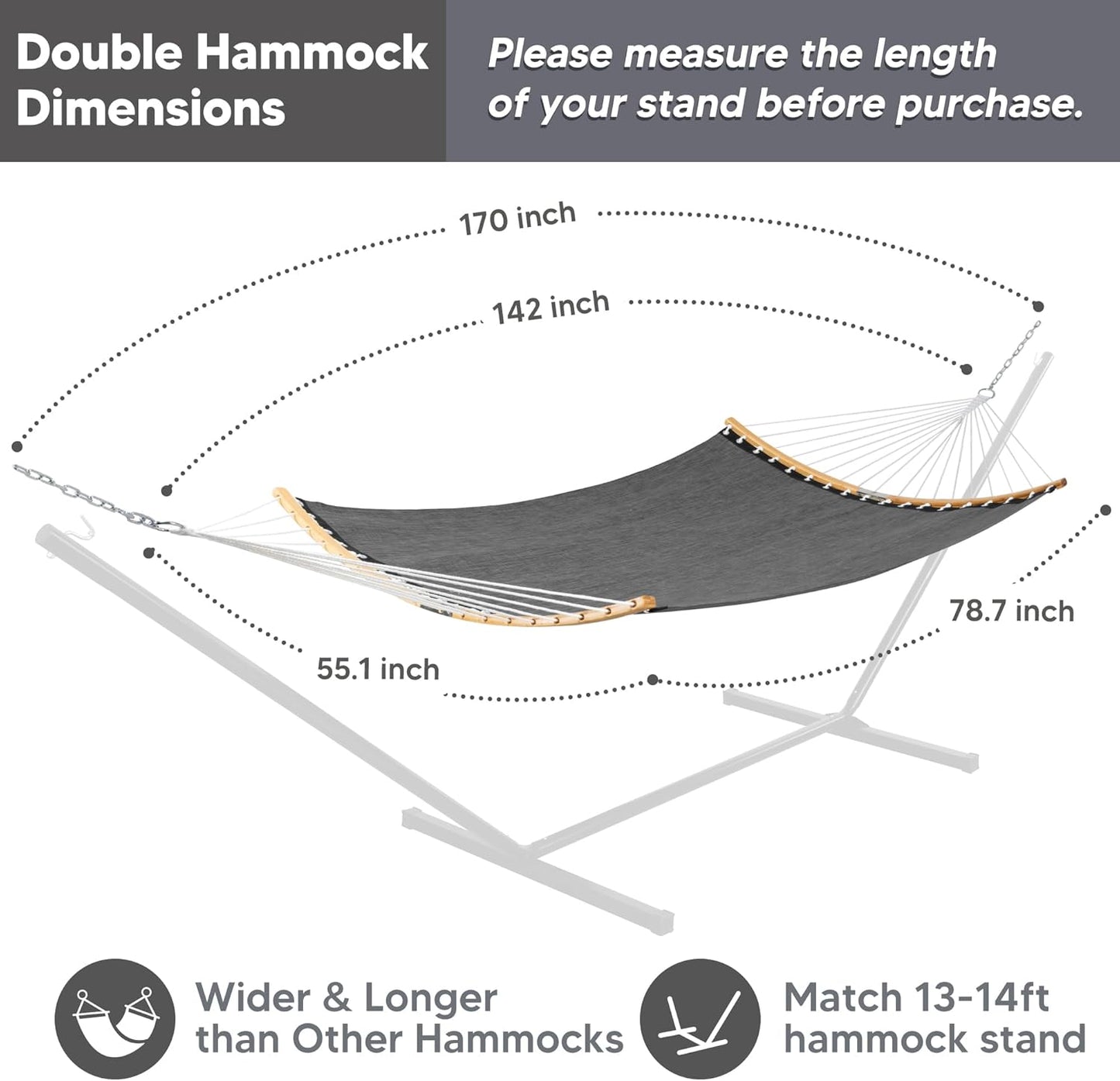 SUNCREAT Hammocks Portable Double Outdoor Hammock, 450lbs Capacity, Quick Dry 2 Person Hammock with Carrying Bag, Dark Gray