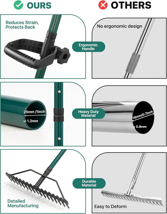 Garden Rake, 17'' Thatch Rake Heavy Duty with 63'' Long Back-Saving Adjustable Handle, Heavy Duty Metal Garden Tool for Loosening Leveling Soil, Gathering Leaves Grass, Weeding