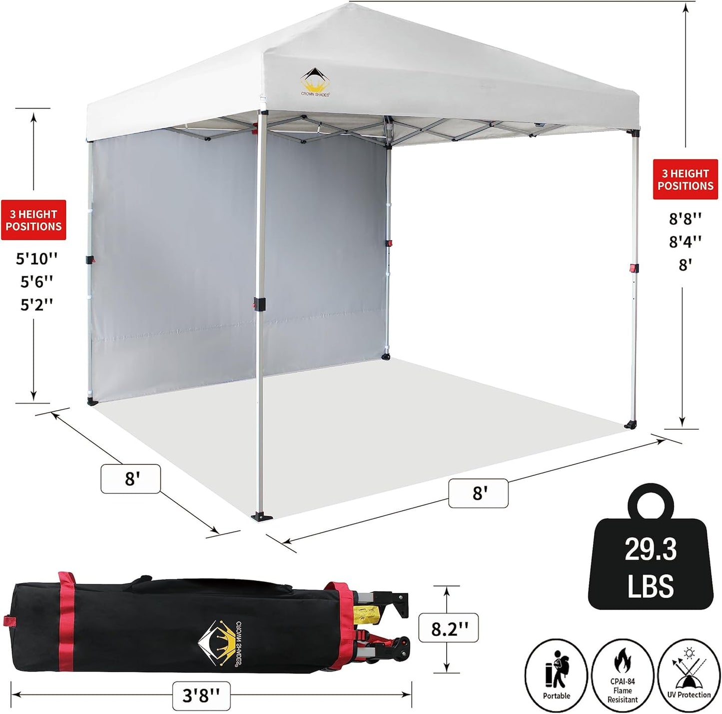 CROWN SHADES 8x8 Pop Up Canopy with 1 Side Wall - Beach Tent with One Push Setup - Outdoor Sun Shade for Events, Parties, Camping - Gazebo with STO-N-Go Cover Bag (White)