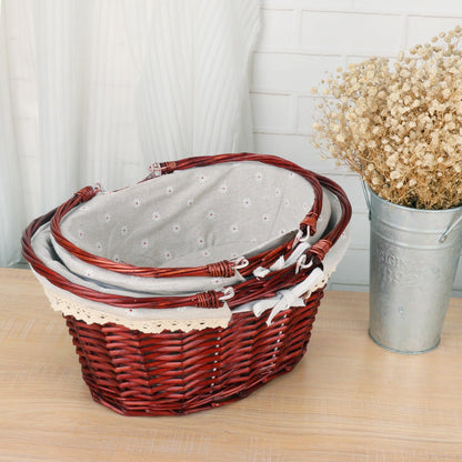 2 Pack Brown Wicker Basket with Linen Lining, 14 & 12 Inch Wicker Woven Picnic Basket with Handle for Picnic, Camping, Outdoor Party