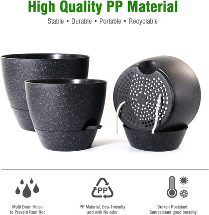 Large Self Watering Pots, 12/10/9 Plastic Planters with High Drainage Holes and Deep Reservoir for Indoor Outdoor Garden Plants and Flowers, Black Speckles