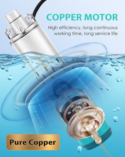 24V DC Deep Well Pump Solar Submersible Water Pump, Max Head 164 FT, Max Flow Rate 6.6 GPM, Stainless Steel Screw Pump for Well, Livestock, Water Reservoir