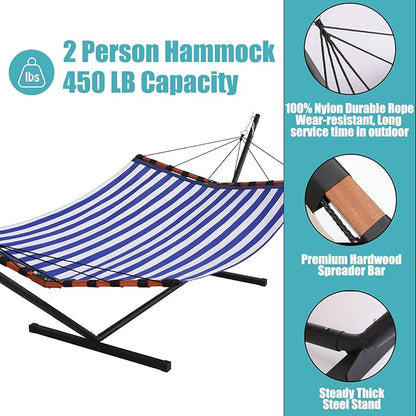 TegerDeger 12FT 2 Person Hammock with Stand Included 55 x 79IN Large Hammock Quick Dry 450LB Capacity with V Shaped Hardwood Spreader Bar & Nylon Rope for Outside, Patio, Garden - Tender Blue Stripes