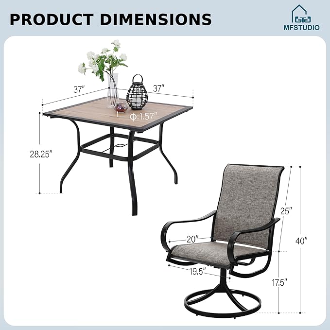 MFSTUDIO Patio Table and Chairs Set of 4, Patio Dining Set with Umbrella Hole, 5 Piece Outdoor Dining Set for Deck/Backyard/Poolside/Garden