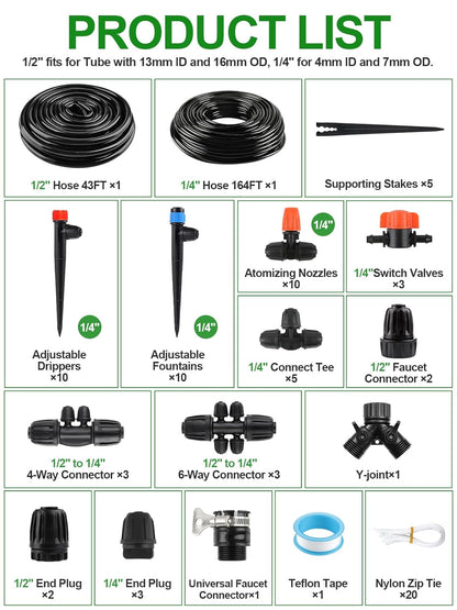 207FT Automatic Drip Irrigation Kits, Kalolary 1/4" 1/2" Adjustable Garden Watering System with 4/7mm 16mm Tube Drip Emitters Locked Fittings Drip Irrigation Parts System for Greenhouse Raised Beds
