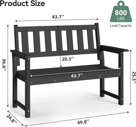 HDPE Memorial Bench – 50'' Weatherproof Durable Outdoor Bench, 2-Person Park Bench, Easy to Move, Multi-Purpose Design Ideal for Porch, Patio, Church, and School (Black)